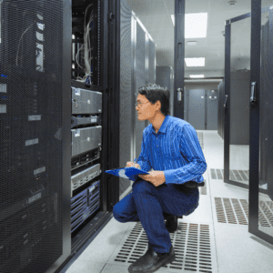 A man kneeling in front of a server stack in a tech room.