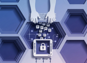 illustration of hands on a keyboard connected to files, with a padlocked box symbolic of protection from Microsoft 365 breaches