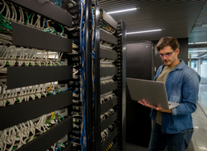 IT technician examining servers