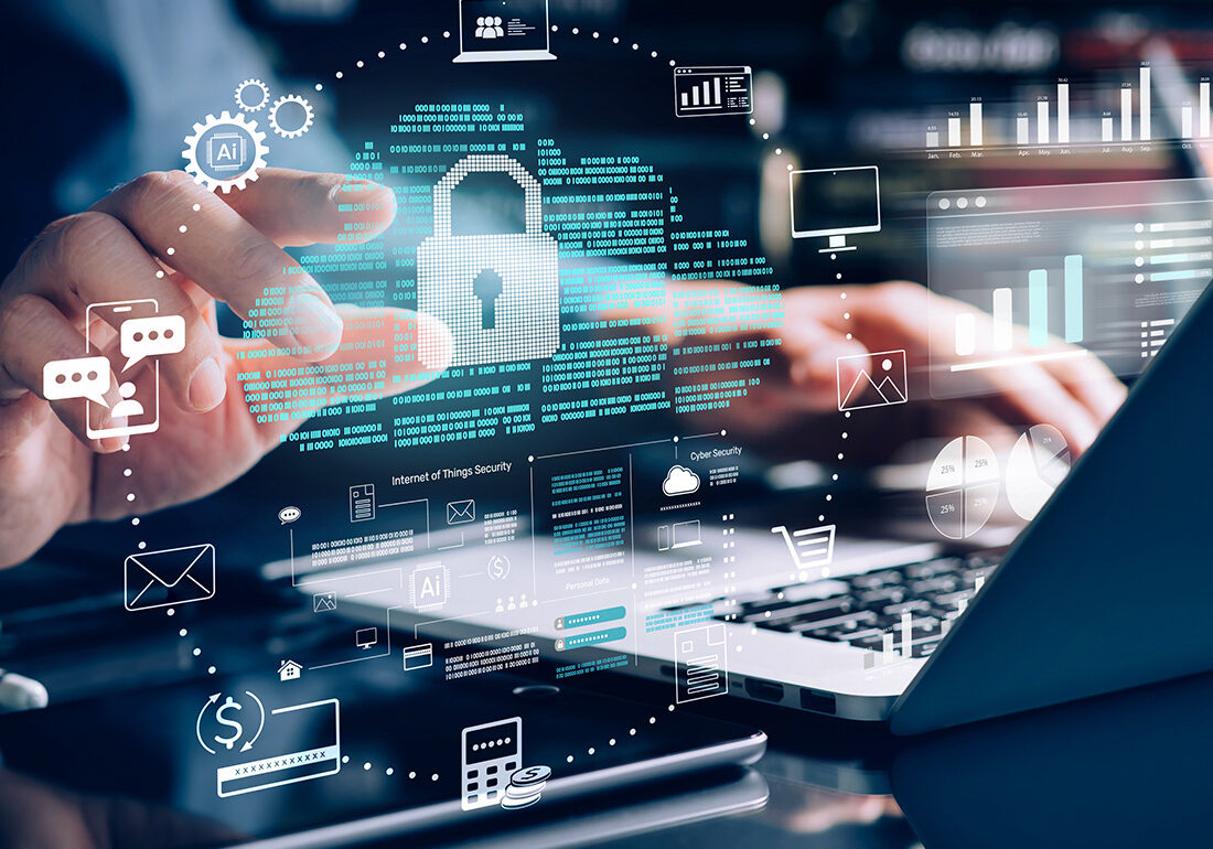 What Every SMB Gets Wrong About Cybersecurity Compliance. Cybersecurity surrounded by digital data and interface elements.The image depicts hands interacting with technology,secure online communication, data encryption.digital security privacy, and cloud technology solutions.
