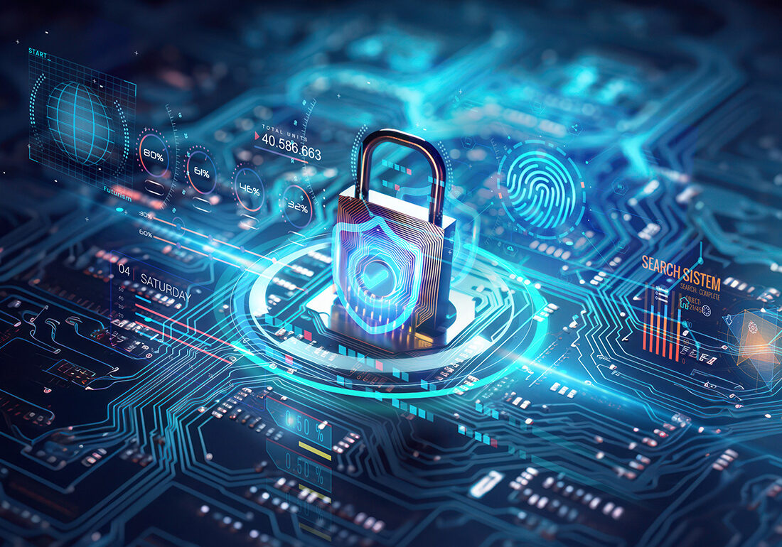cybersecurity for SMEs. secure connection or cybersecurity service concept of compute motherboard closeup and safety lock with login and connecting verified credentials as wide banner design with copyspace area