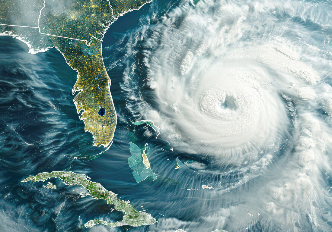 Powerful hurricane over Florida, with swirling clouds and turbulent weather, emphasizing the destructive force and scale of the storm. Addressing Cybersecurity Pain Points for Florida Businesses