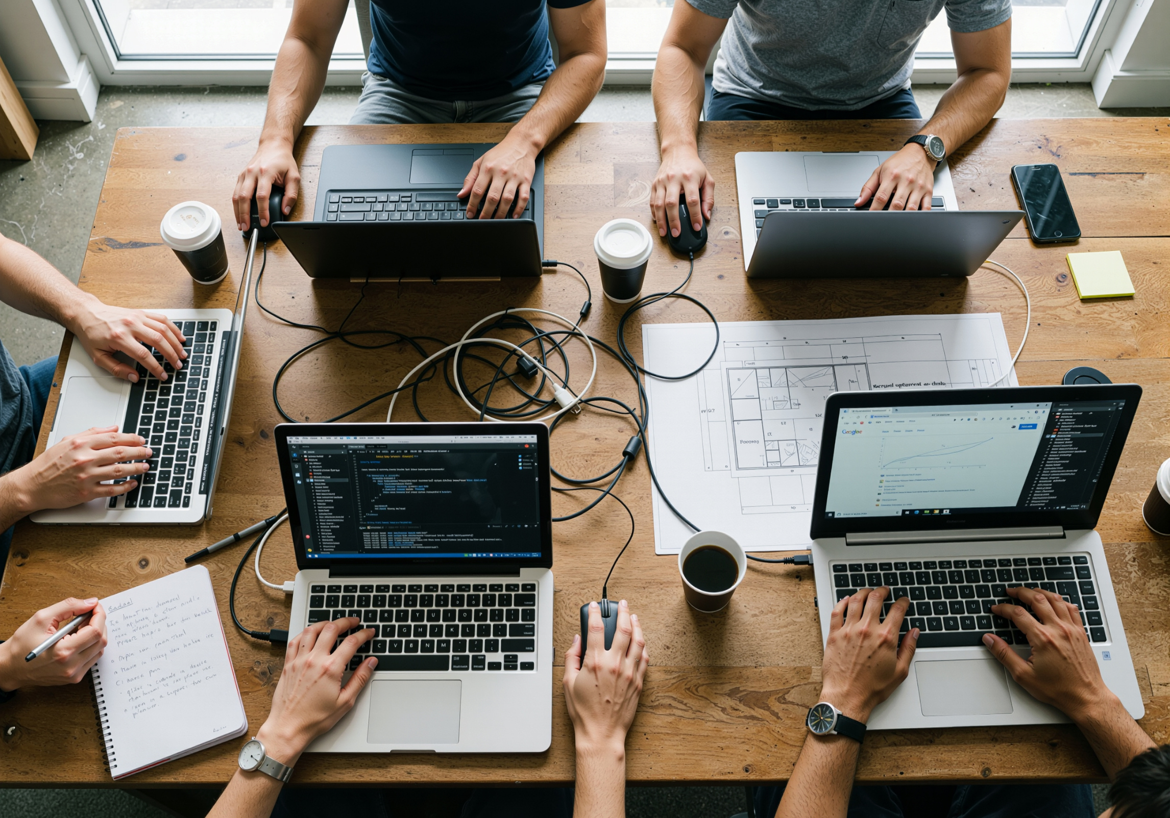 Several coworkers on their laptops working together at a table; photo is taken from above