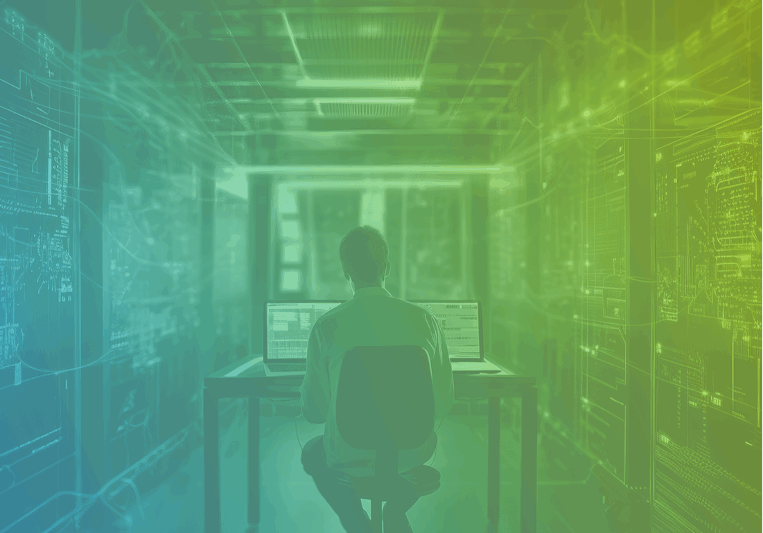 ROI of Managed IT Services. IT provider sitting at computer in digital server room.