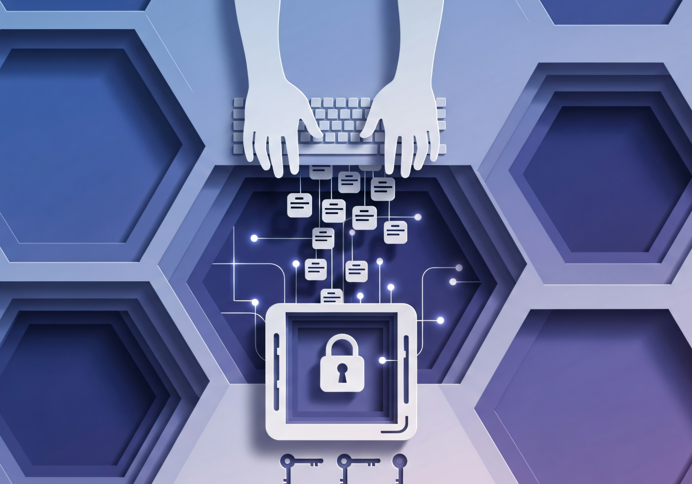 illustration of hands on a keyboard connected to files, with a padlocked box symbolic of protection from Microsoft 365 breaches
